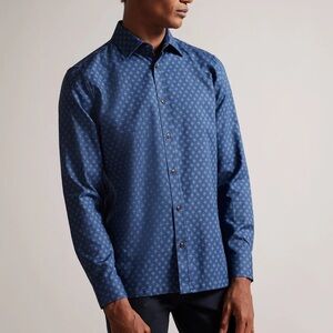 Ted Baker Button Down Shirt blue geometric print mens size 16